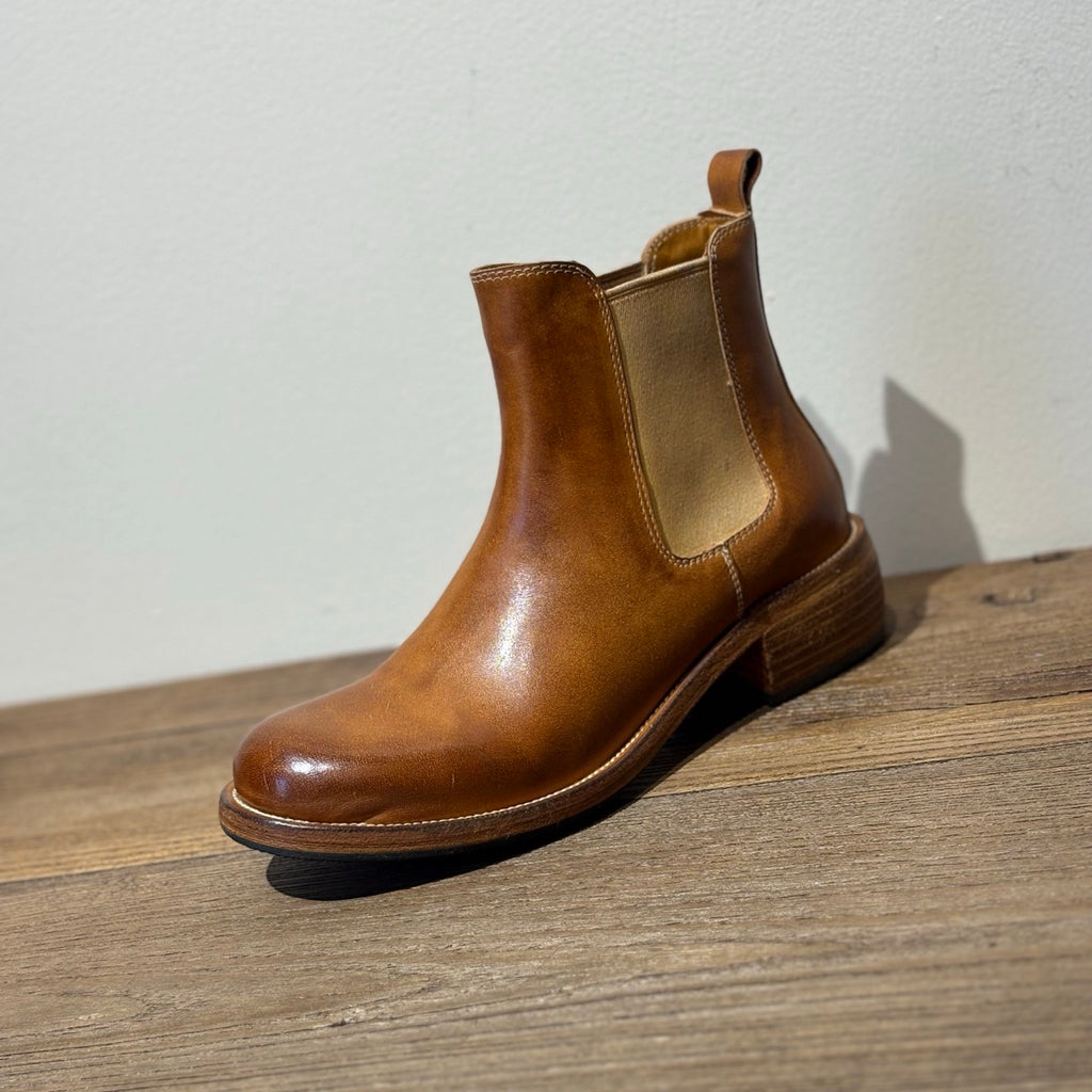 Full side view of Tan leather Chelsea boot