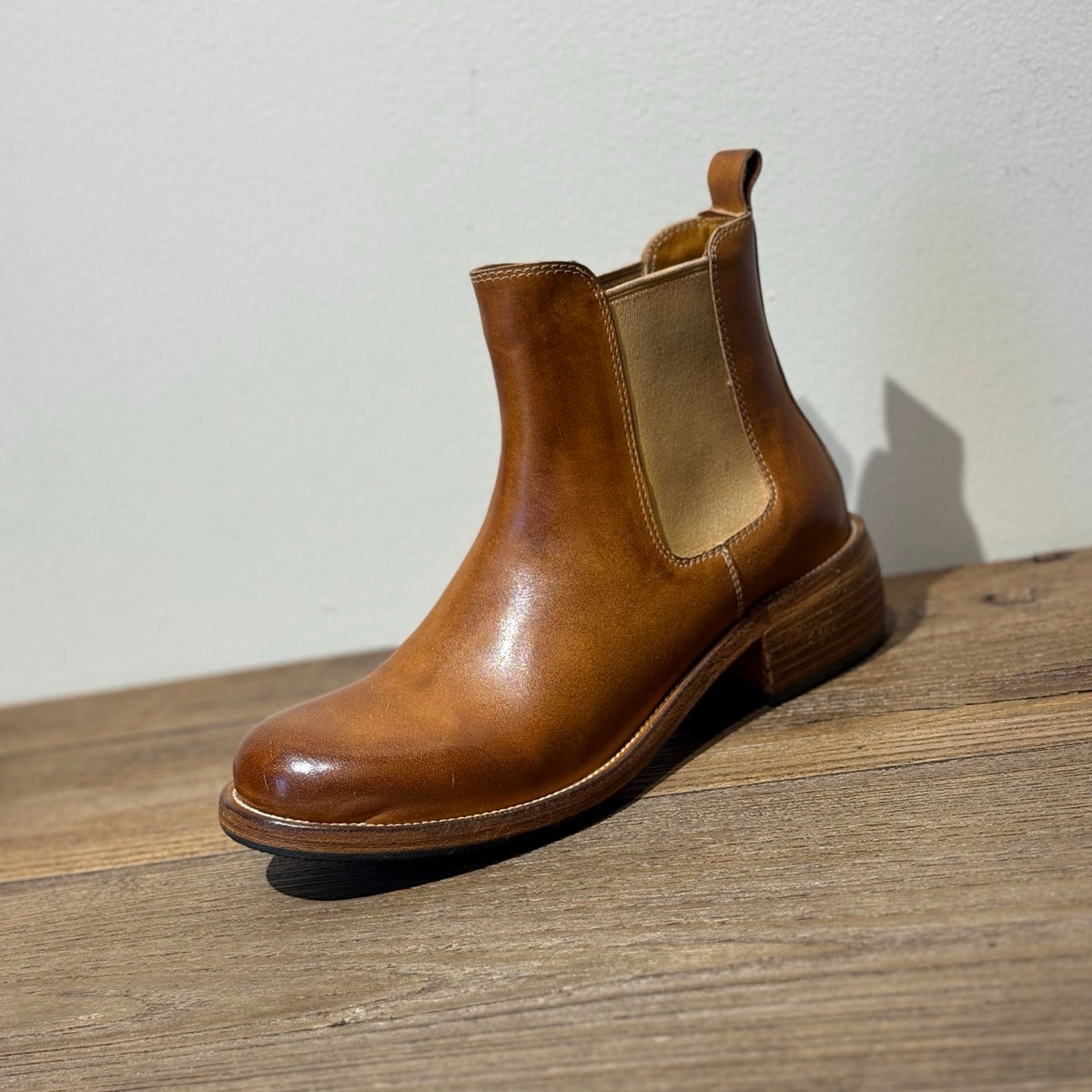 Full side view of Tan leather Chelsea boot