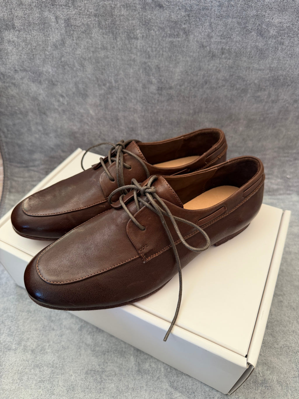 Handcrafted Washed Horsehide Moc-Toe Derby Shoes