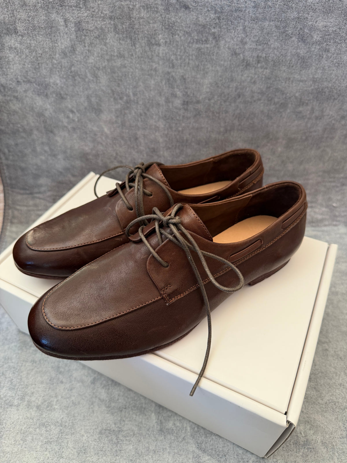 Handcrafted Washed Horsehide Moc-Toe Derby Shoes
