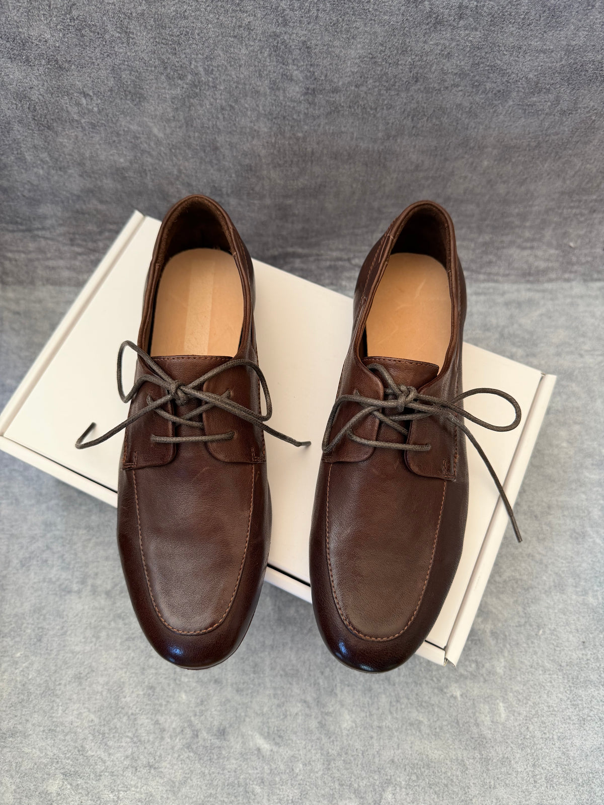 Handcrafted Washed Horsehide Moc-Toe Derby Shoes