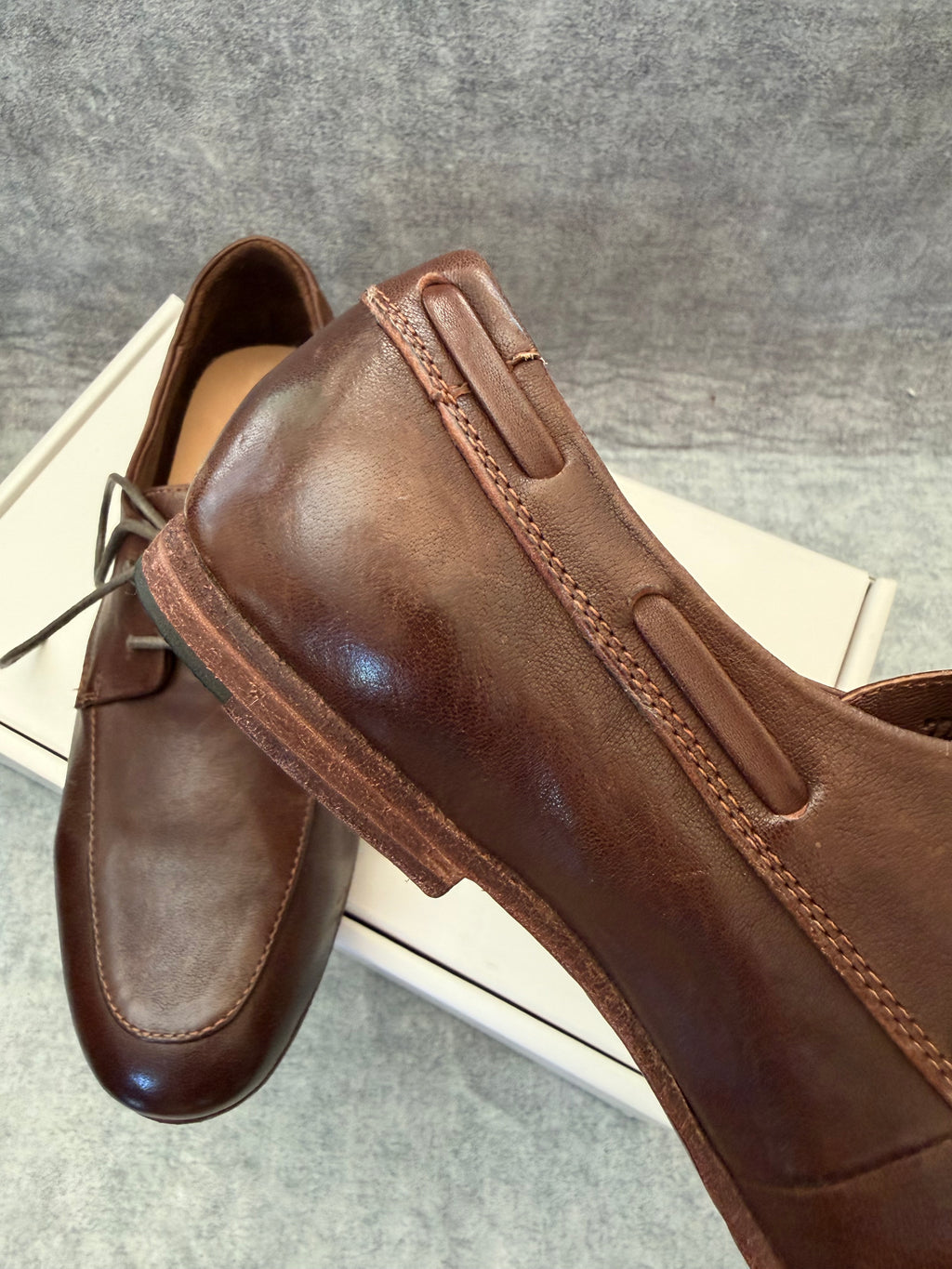Handcrafted Washed Horsehide Moc-Toe Derby Shoes