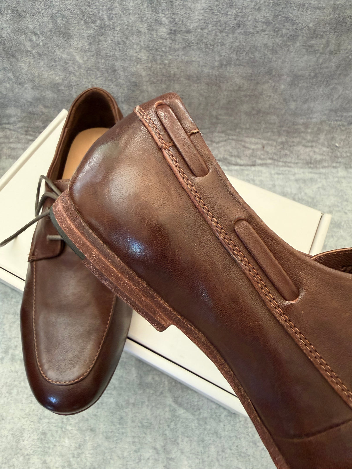 Handcrafted Washed Horsehide Moc-Toe Derby Shoes