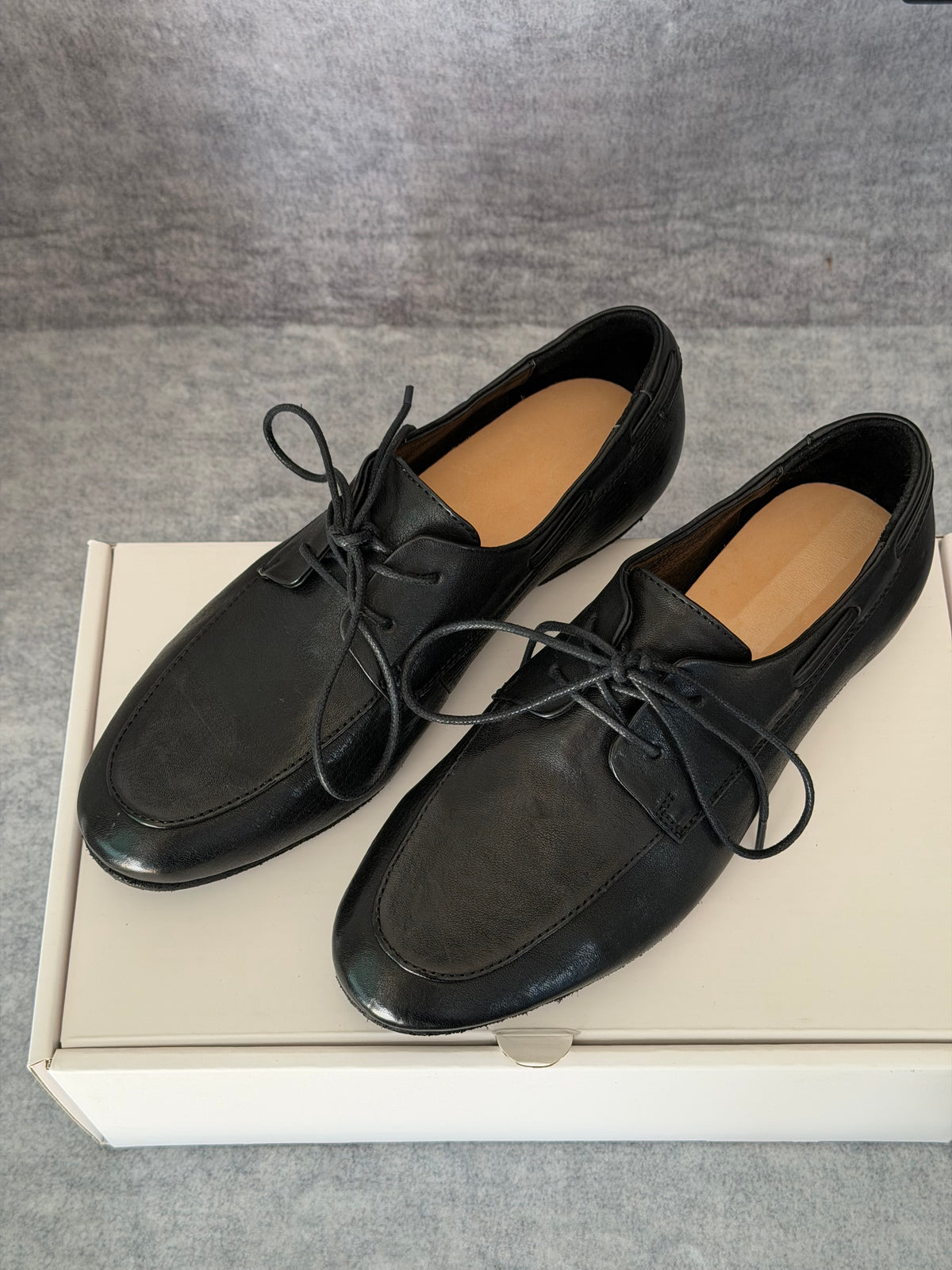 Handcrafted Washed Horsehide Moc-Toe Derby Shoes