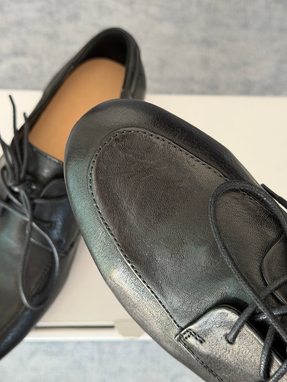 Handcrafted Washed Horsehide Moc-Toe Derby Shoes