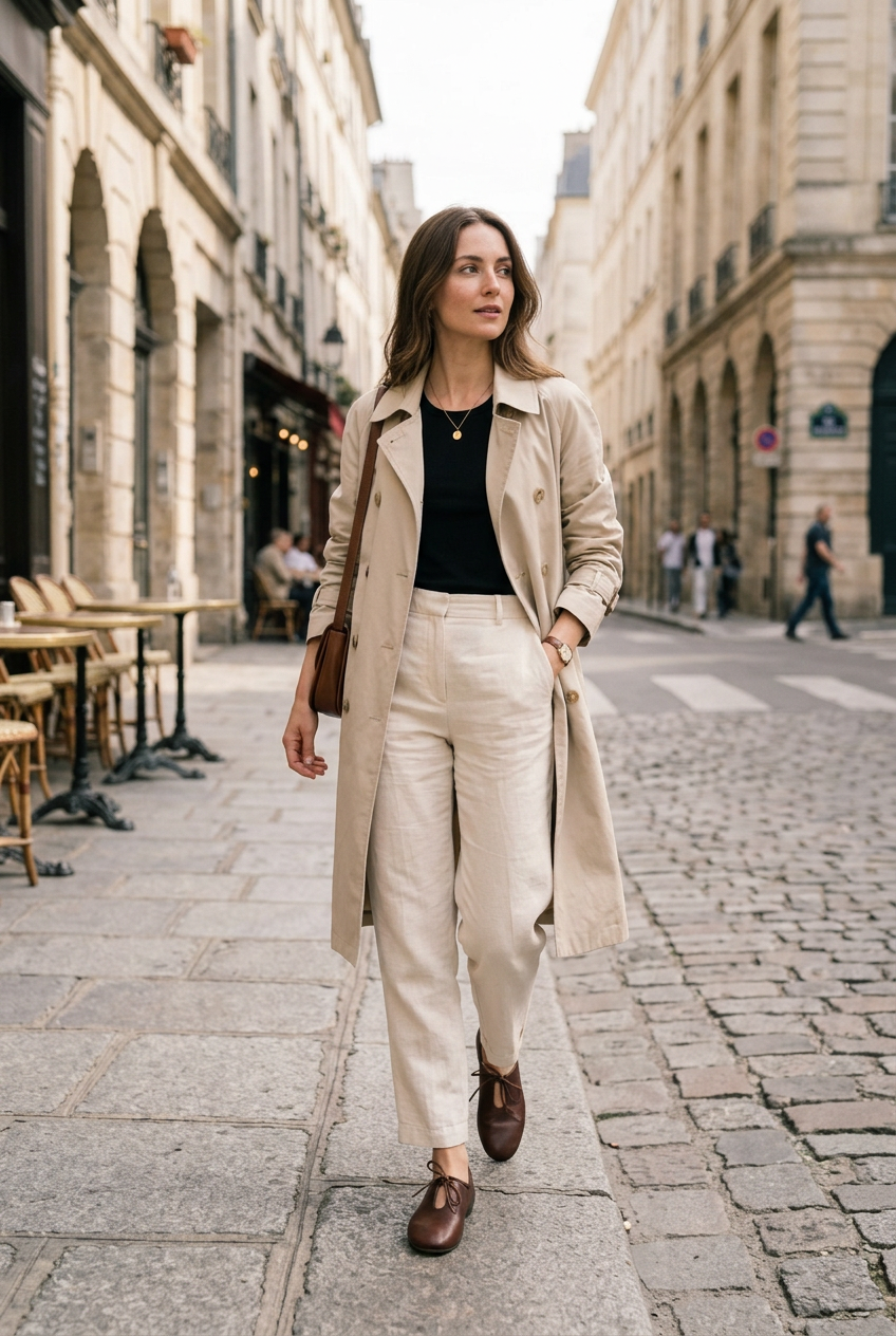 Full-Body European Model Wearing Vintage Lace-Up Leather Flats